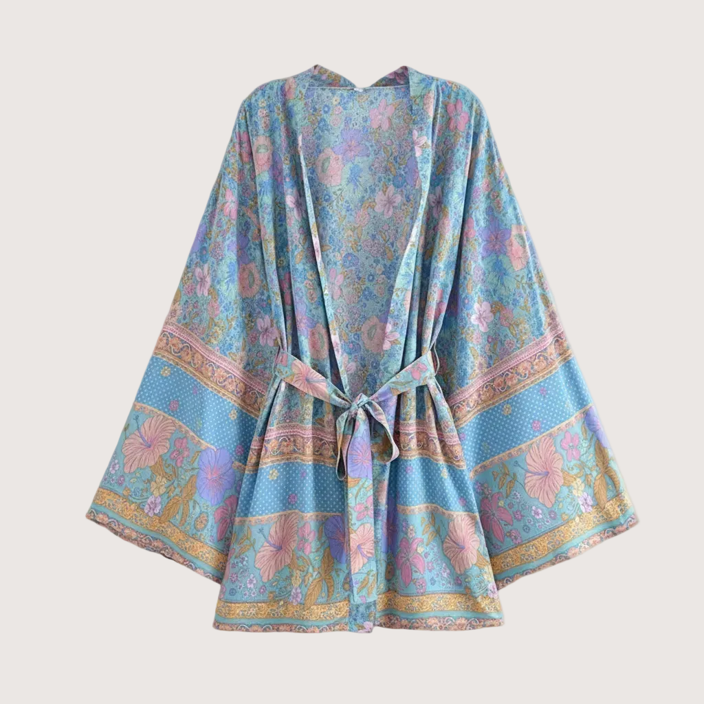 Kimono Fleuri Bleu Bohème Ceinture Nœud