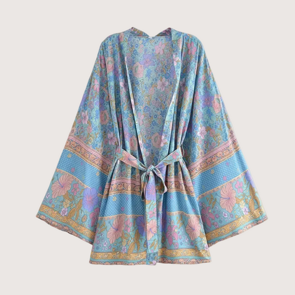 Kimono Fleuri Bleu Bohème Ceinture Nœud