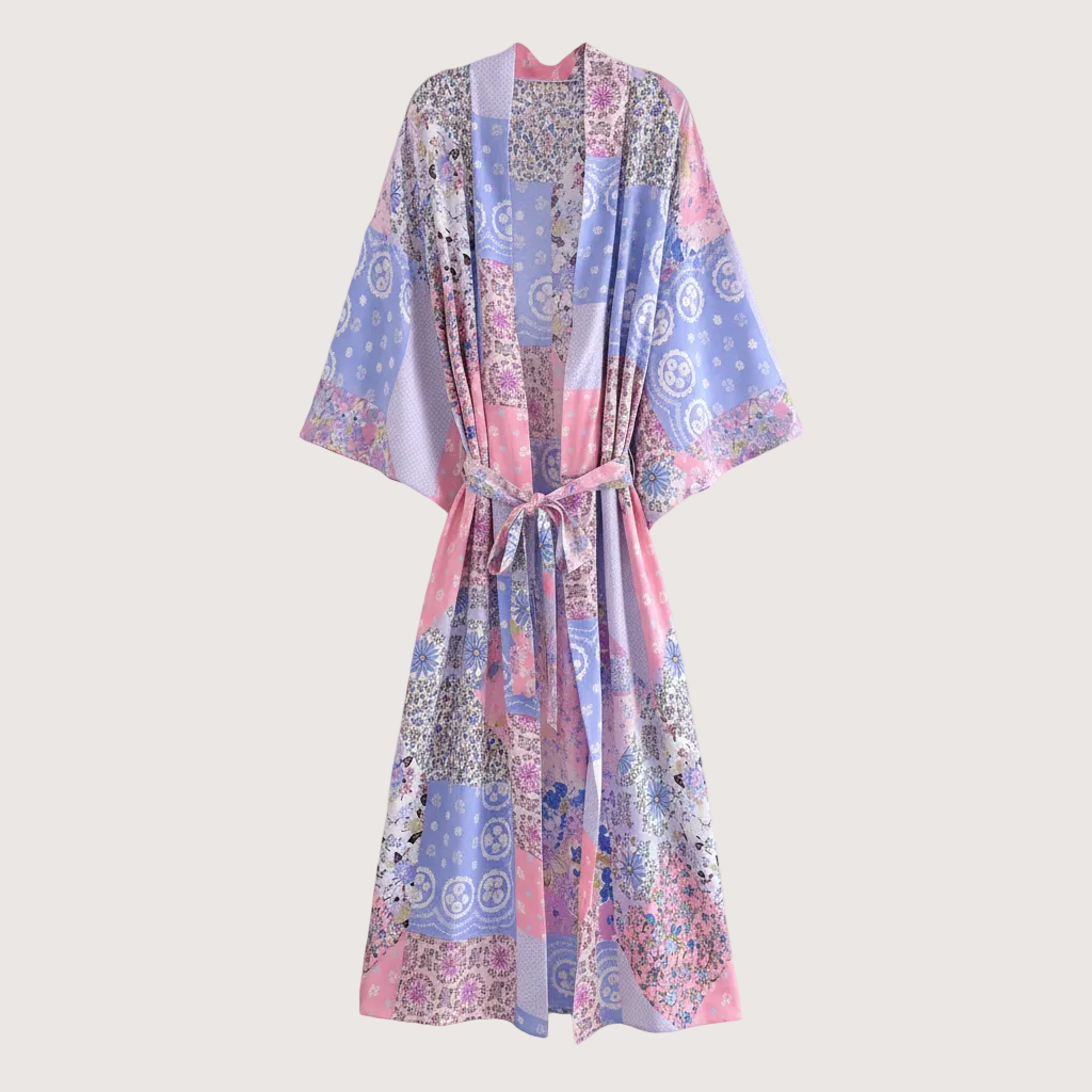 Boho-Kimono Damen mit Ethno-Muster und Blumenprint in Lavendel