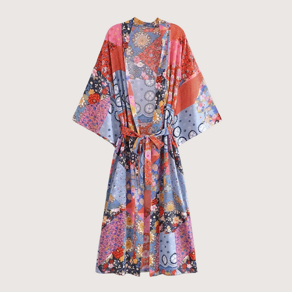 Boho-Kimono Damen mit Ethno-Muster und Blumenprint in Rot