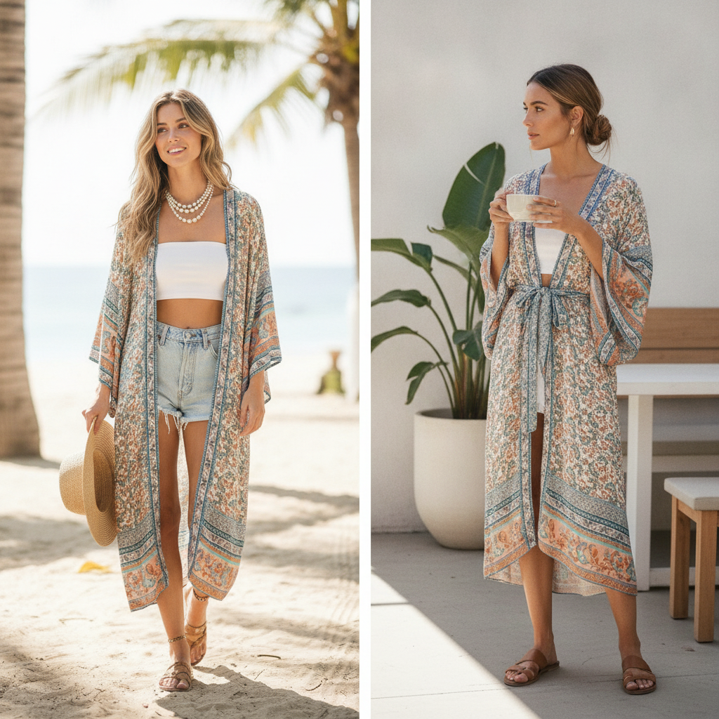 Floraler Boho-Kimono für Damen in leichtem Sommerdesign mit Blumenmuster