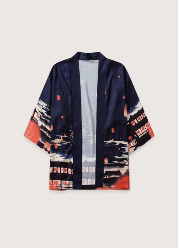 Japanischer Kimono mit Laternen-Design in Blau von Vorne getragen