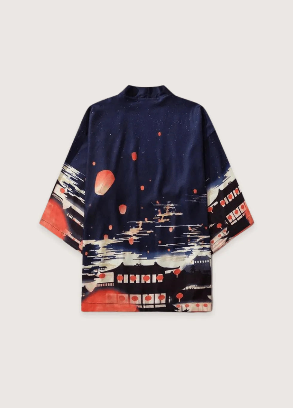Rückansicht es Kimonos mit Laternen-Design in Blau