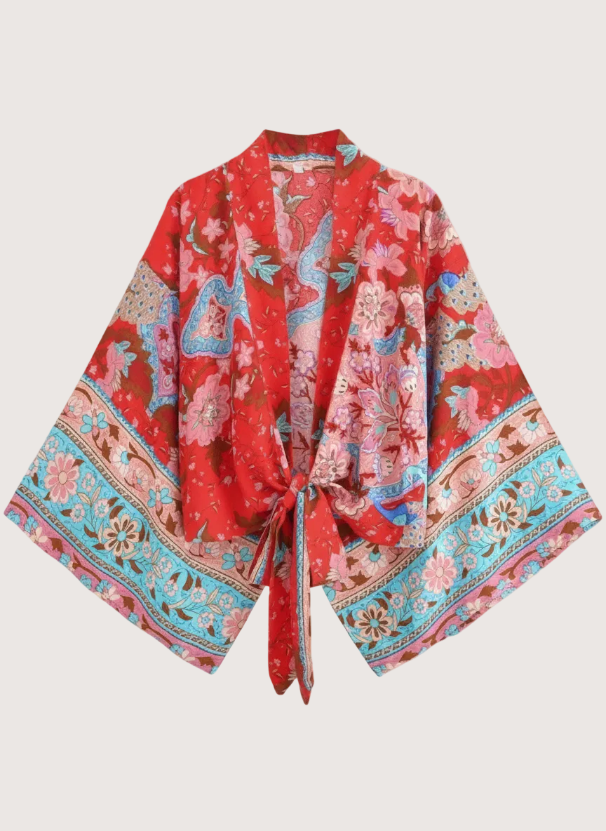 Kurzer Damen Kimono im Boho Still mit floralem Muster in Rot