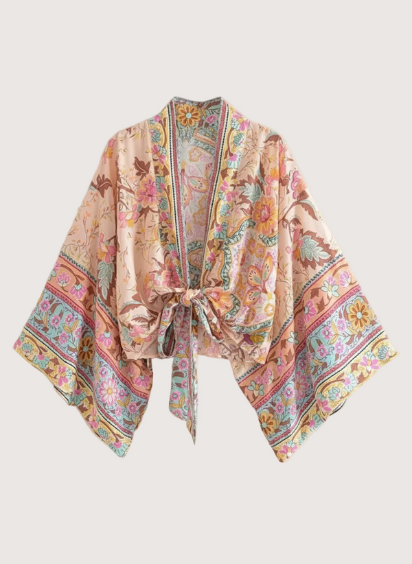 Kurzer Damen Kimono im Boho Still mit floralem Muster in Rot