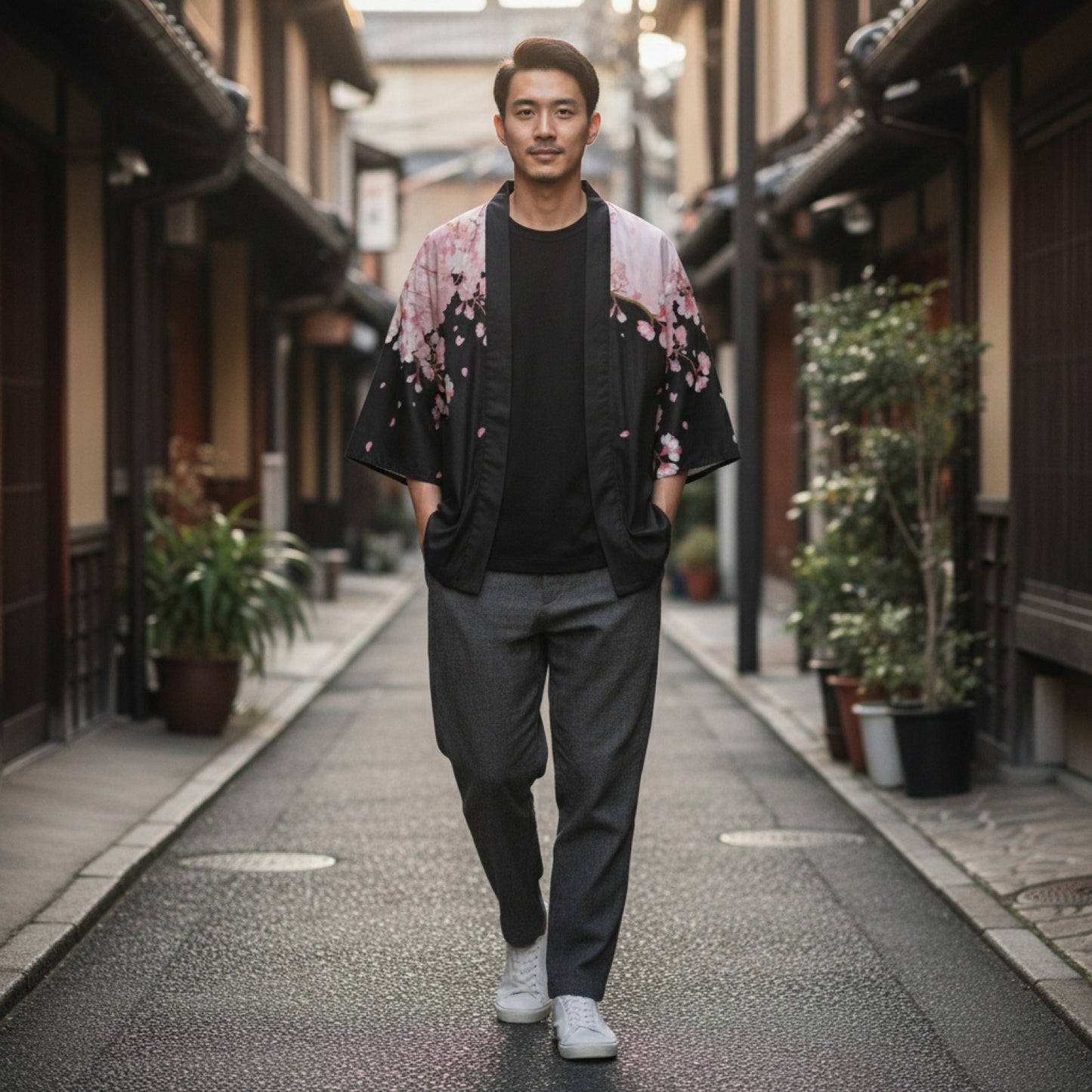 Herren-Haori im traditionellen japanischen Stil – Kimono-Cardigan mit Kirschblüten-Print