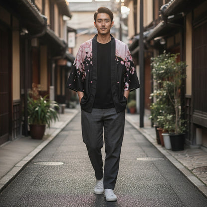 Herren-Haori im traditionellen japanischen Stil – Kimono-Cardigan mit Kirschblüten-Print