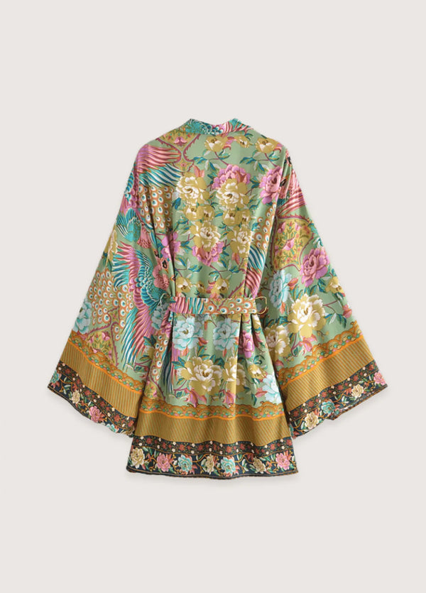 Kurzer Strandkimono für Damen mit Pfauenblüte-Muster im Sommerlichen Design