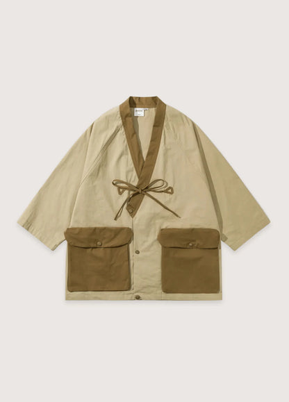 Beiger Noragi Kimono Damen in Frontansicht mit Lockerem Schnitt