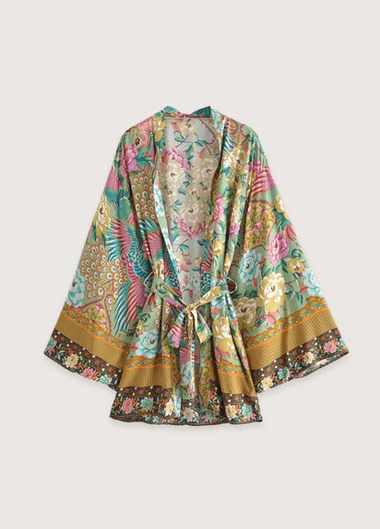 Leichter Damen Strandkimono mit elegantem Pfauenblüte-Muster