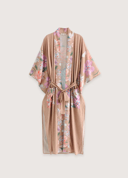 Eleganter Kimono Lang in Beige-Rosa mit Gürtel Frontansicht