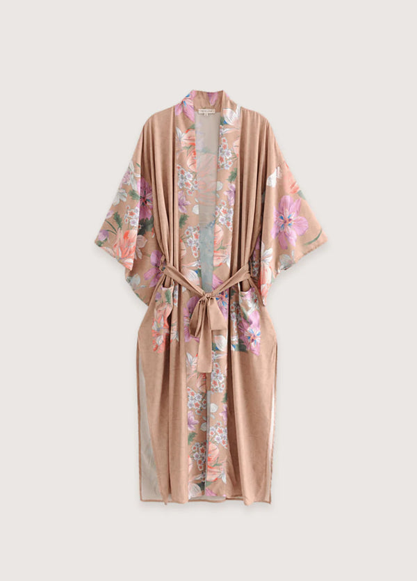 Eleganter Kimono Lang in Beige-Rosa mit Gürtel Frontansicht