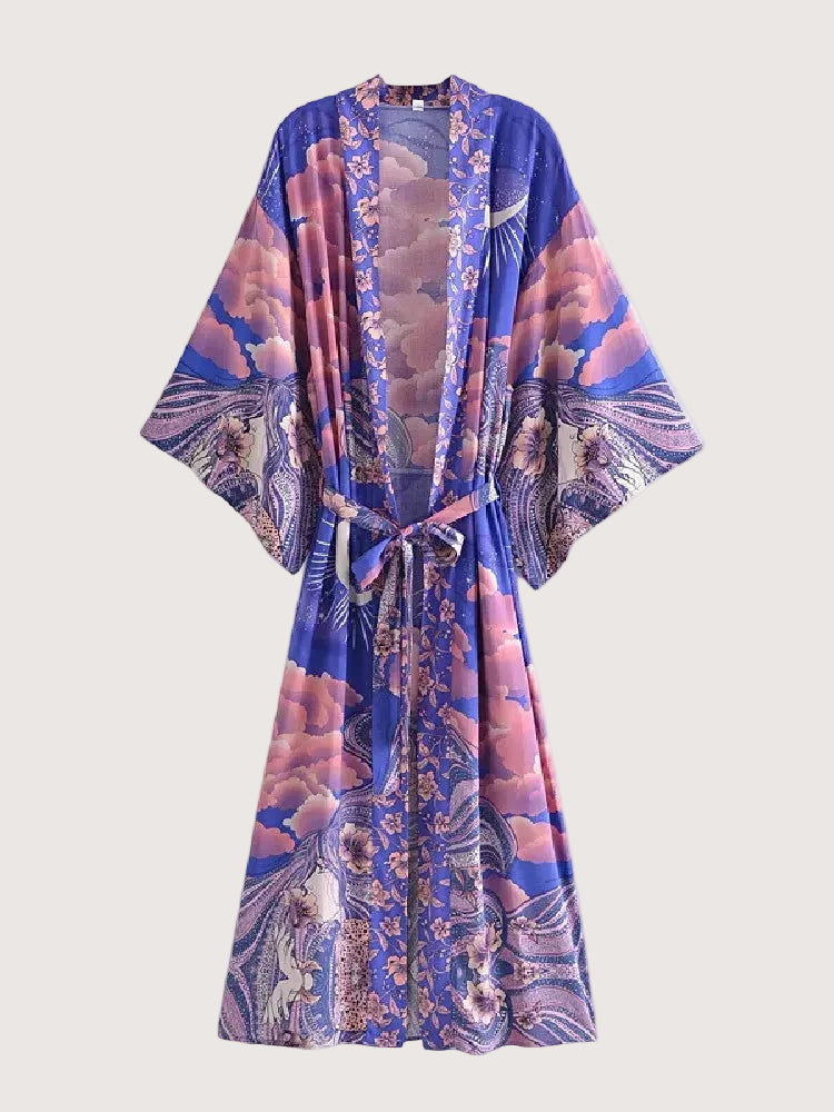 Blauer Boho-Kimono mit Sternenhimmel-Print für Damen