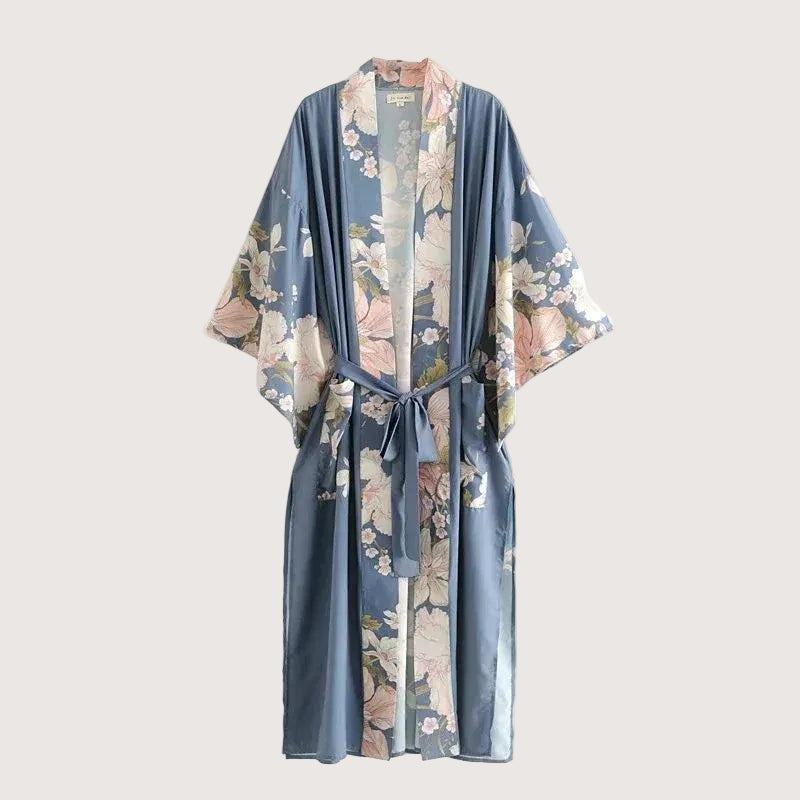 Blauer Boho-Maxi-Kimono mit Pfauenmuster für Damen