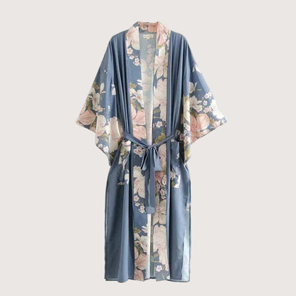 Blauer Boho-Maxi-Kimono mit Pfauenmuster für Damen