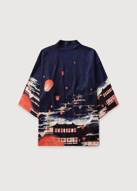 Rückansicht eines blauen japanischen Kimonos aus leichtem Stoff
