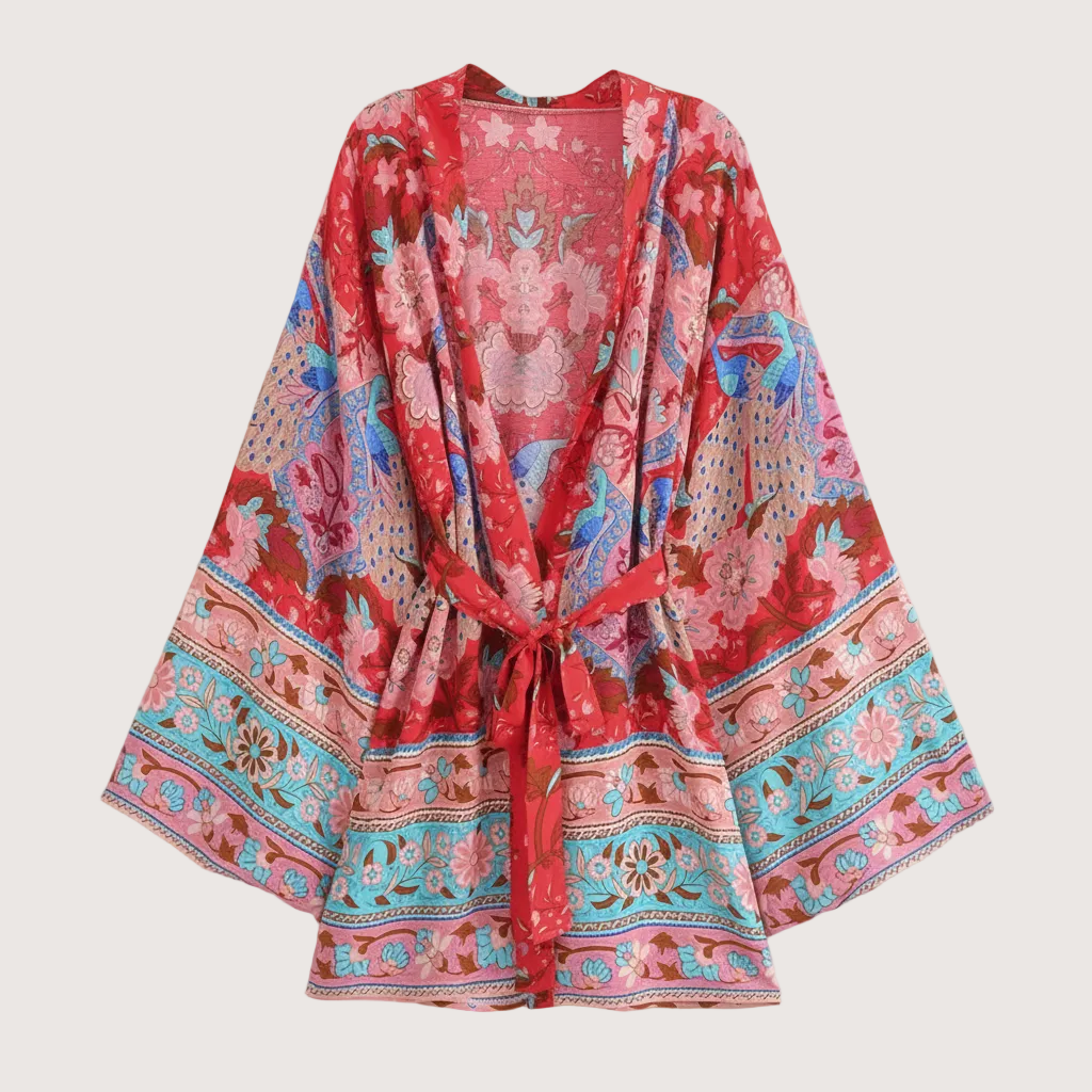 Boho-Kimono für Damen mit Blumen- und Pfauenmuster in Rot
