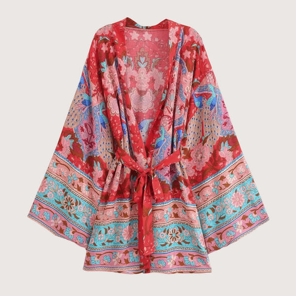 Boho-Kimono für Damen mit Blumen- und Pfauenmuster in Rot