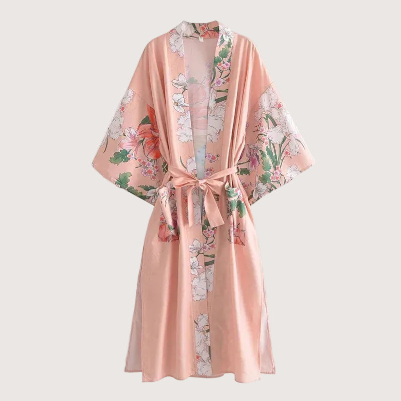 Rosa Boho-Maxi-Kimono mit Pfauenmuster für Damen