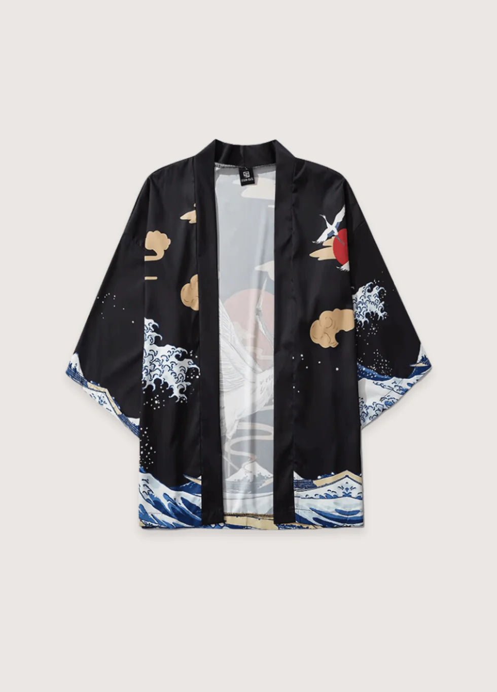 Japanischer Kimono mit Kranich- und Wellenmotiv Frontansicht im traditionellen Stil