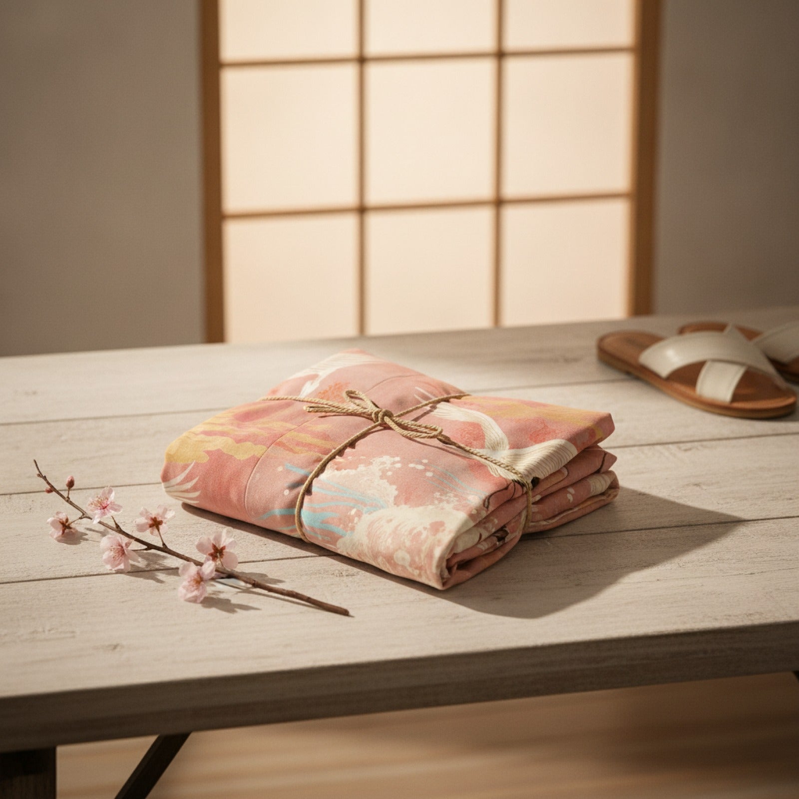 Rückansicht eines Unisex Kimonos mit Kranich- und Wellenmuster im japanischen Vintage Stil