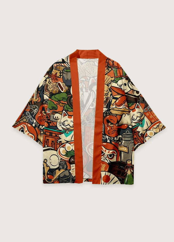 Kimono mit Maneki-Neko-Motiv in Frontansicht