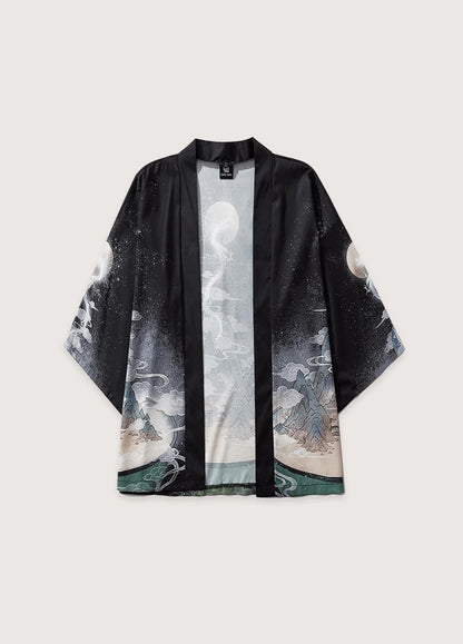 Schwarzer Kimono mit Drachen- und Mondmotiv Frontansicht im japanischen Stil