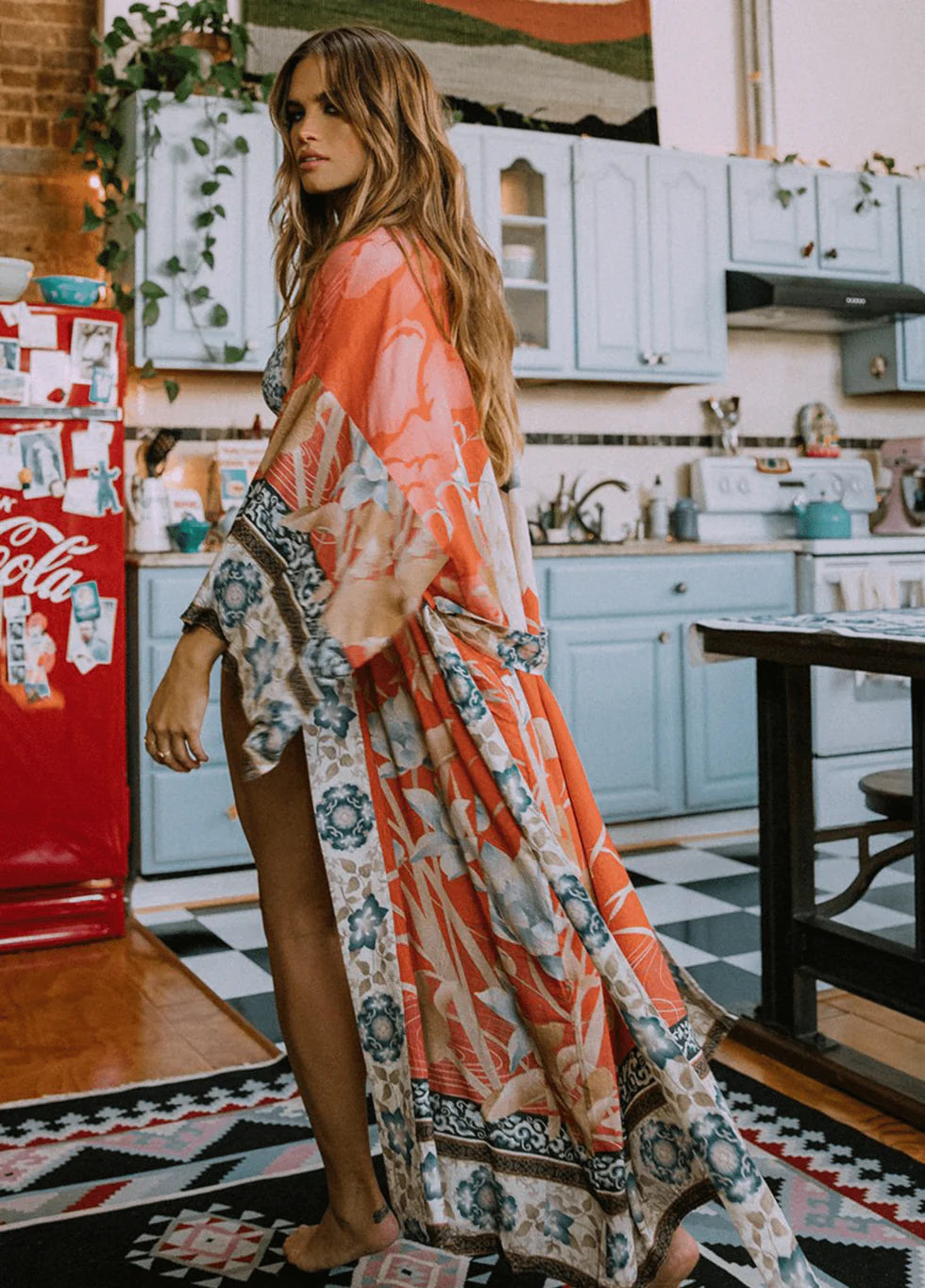 Eleganter fließender Kimono Orange Kranich-Muster Unikat