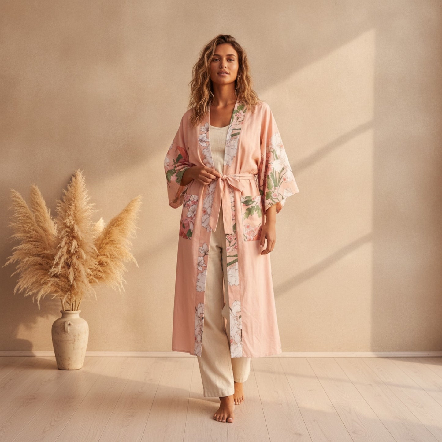 Langer rosa Boho-Kimono mit Pfauenprint